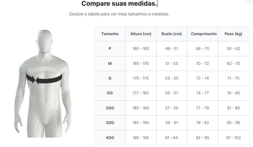 Tabela de tamanhos — Camisa Feminina Corinthians Reserva 26/27